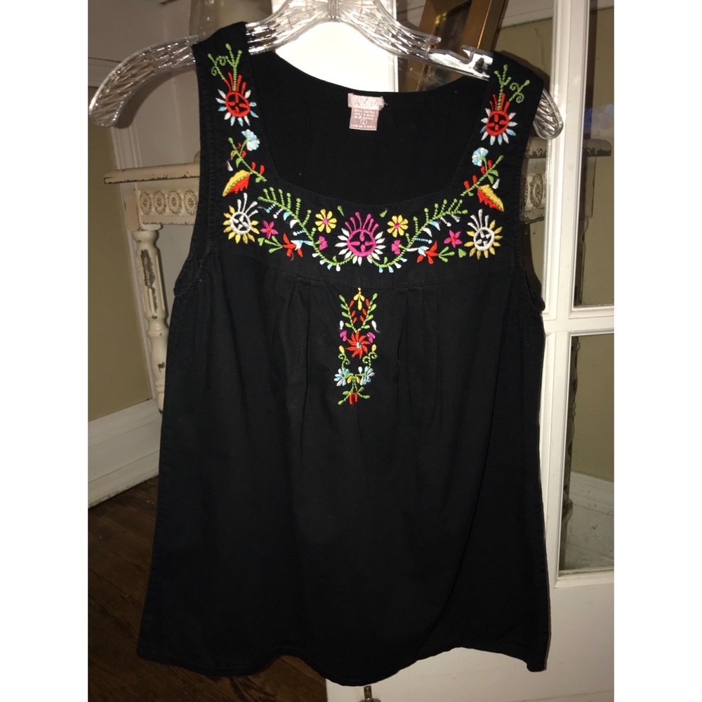 Black Cotton Top with Floral Embroidery